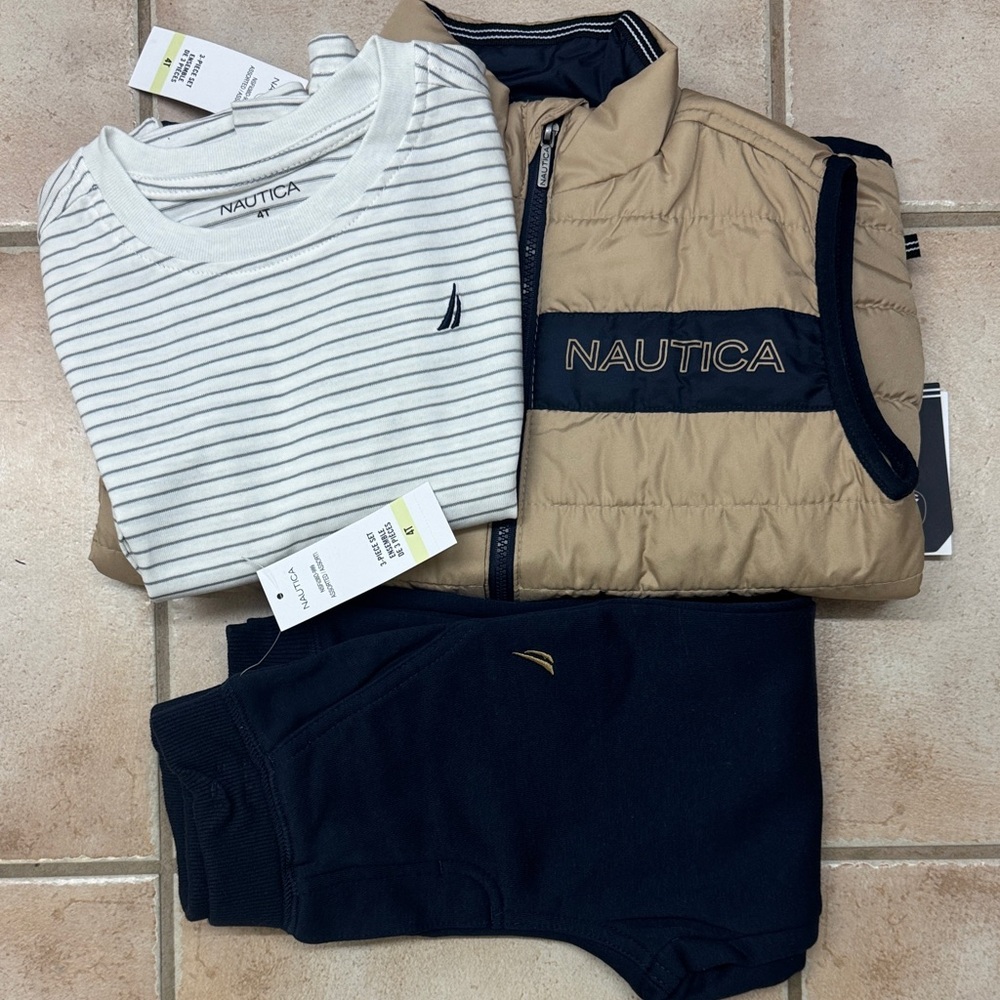 Nautica Tan Vest with Striped Tee and Navy Pants